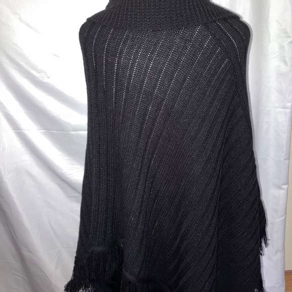 Women’s Black Knit Asymmetrical Cowl Neck Fringe Hem Poncho - Picture 3 of 3
